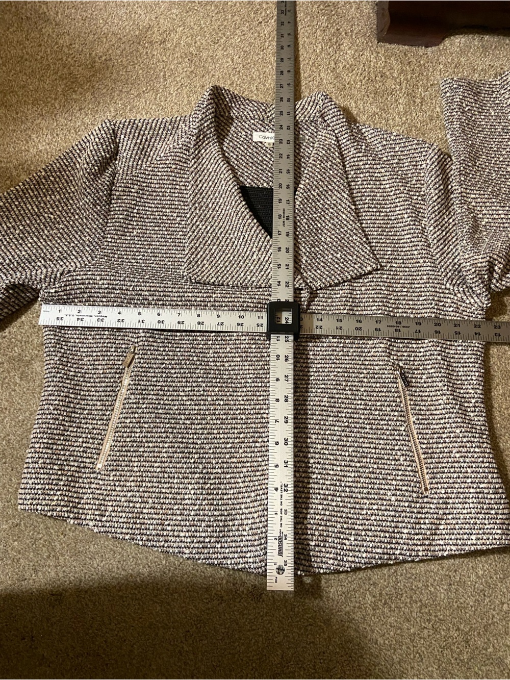 Calvin Klein Tweed Open Front Blazer in Black, Cream, & Tan